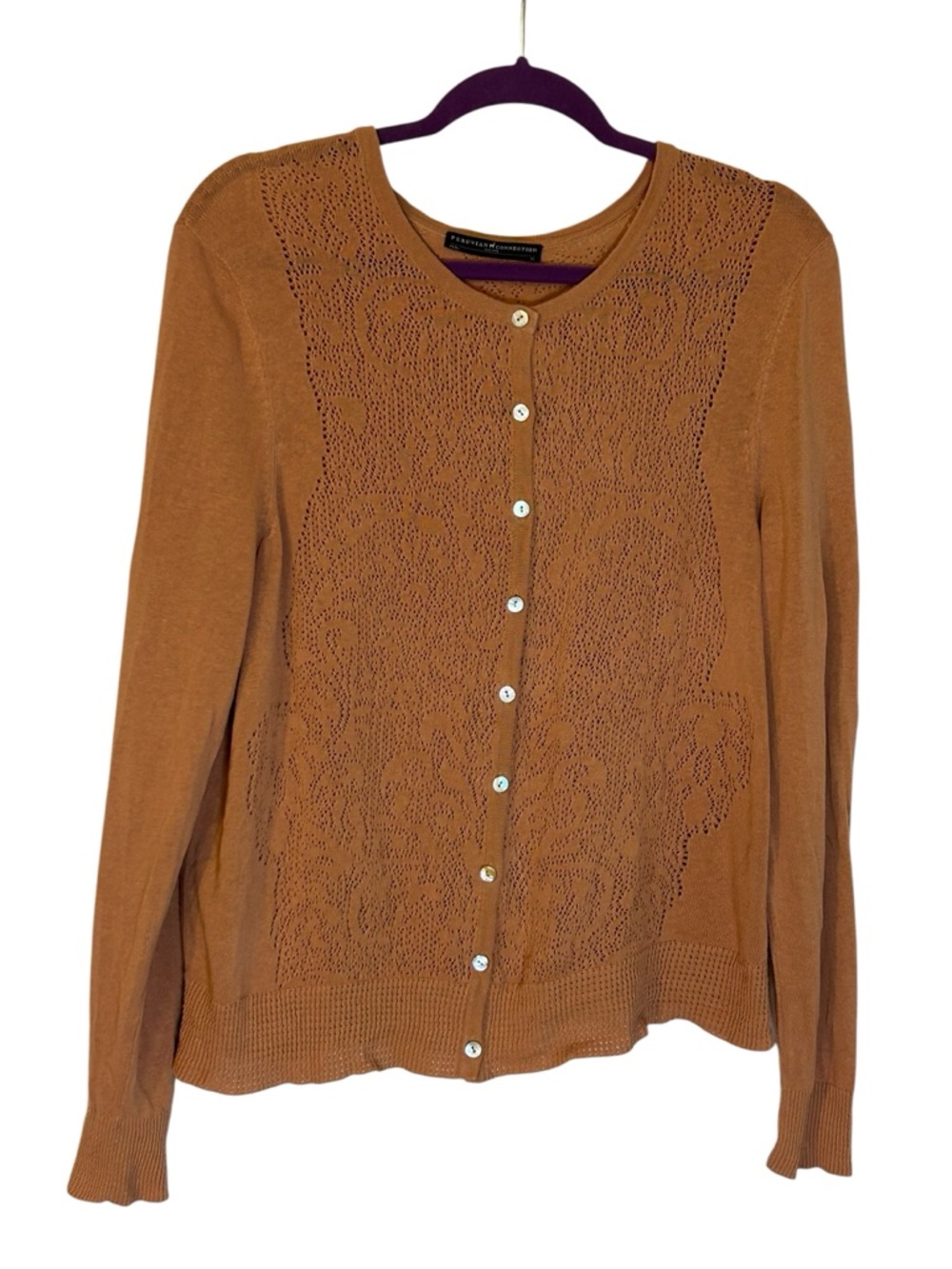 Peruvian Connection Terraco Orange Pima Cotton Pointelle Cardigan Sweater XL